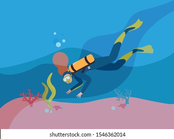 Scuba diver in wetsuit with oxygen cylinder flat vector illustration. Woman snorkeling underwater cartoon character. Person exploring ocean depths. Extreme tourism. Active lifestyle.