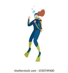 Scuba diver in wetsuit show ok gesture isolated on white background. Woman with special equipment snorkeling underwater. Summer travel recreational activity. Vector illustration in flat cartoon style.