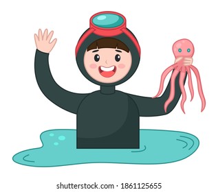 Scuba diver young man over water cartoon vector character holding pink octopus waving hand flat vector. Aqualunger wearing protective suits and a diving mask smiling satisfied male with catch