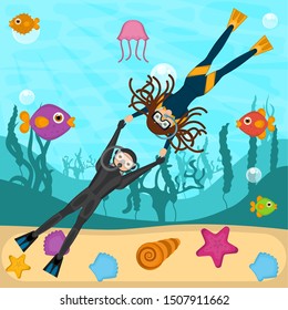 Scuba divers in the bottom of the sea - Vector