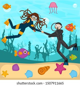 Scuba divers in the bottom of the sea - Vector