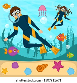 Scuba divers in the bottom of the sea - Vector