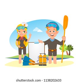 Scuba divers in cartoon style. The guy and the girl are diving.