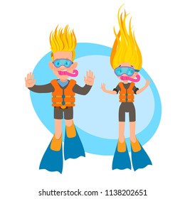 Scuba divers in cartoon style. The guy and the girl are diving.