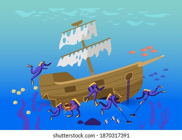 Scuba Divers Characters Search and Found Treasures on Sunken Ship Lying on Ocean Bottom Concept. People in Diving Suits with Metal Detectors Exploring Underwater Space. Cartoon Vector Illustration