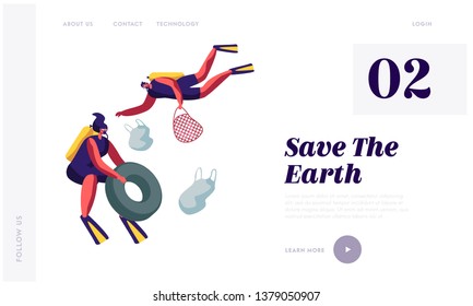 Scuba Divers Collecting Floating Sea Garbage. Dirty Underwater Surface, Planet Pollution, Characters Cleaning Trash in Ocean. Website Landing Page, Web Page Cartoon Flat Vector Illustration, Banner