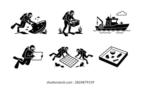 Scuba divers collecting items from sunken objects and using specialized underwater tools