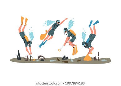 Scuba Divers Collecting Trash in Ocean, Pollution of Sea, Ocean or River, Ecology Protection Concept Cartoon Vector Illustration