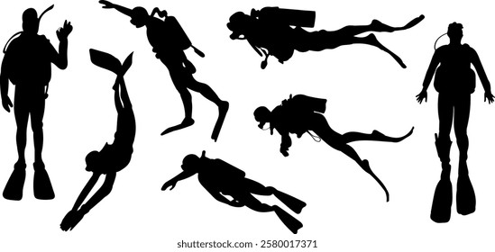 scuba divers collection, set silhouette on white background vector