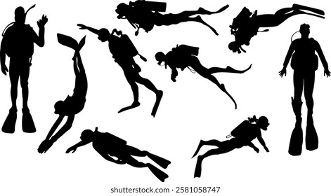 scuba divers collection silhouette on white background vector