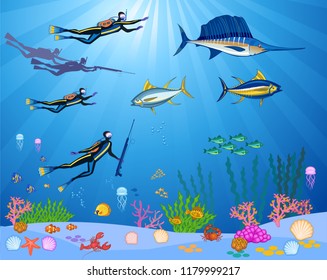 scuba divers and coral reef with fishes on a blue sea