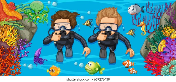 Scuba divers in the deep blue sea illustration