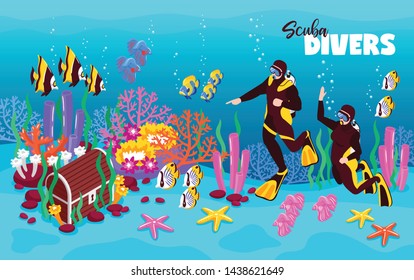 Scuba divers deep onderwater isometric fairy tale composition with treasure chest colorful corals fish water vector illustration 