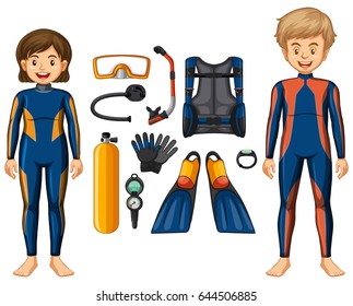 Buceadores Scuba y diferentes equipamientos ilustración