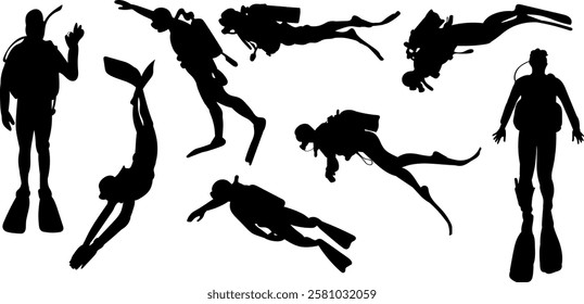 scuba divers in different poses collection, set silhouette on white background vector