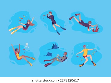 Scuba divers diving in ocean or sea on summer vacation set. Men and women in swimwear and diving masks swimming under water flat vector