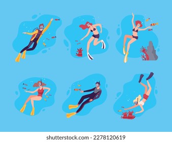 Scuba divers diving in ocean or sea on summer vacation set. Young men and women in masks swimming and observing coral reefs and fish. Underwater swimming flat