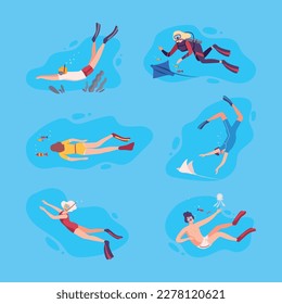 Scuba divers diving in ocean or sea on summer vacation set. Young men and women in swimwear and diving masks swimming and observing coral reefs and fish. Underwater swimming flat vector