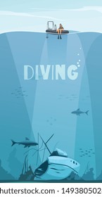 Scuba divers exploring shipwreck deep in the ocean flat comics style composition with underwater background vector illustration 