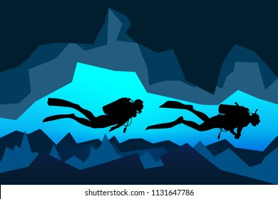 scuba divers rescue team dive underwater in the deep cave, vector