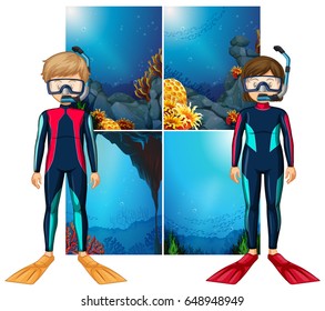 Scuba divers and scene underwater illustration