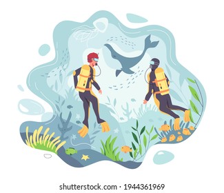 Scuba divers stop to watch whales in herds at the coral grove. Around him there were small fish. And various aquatic plants The underwater environment very beautiful. vector illustration flat design