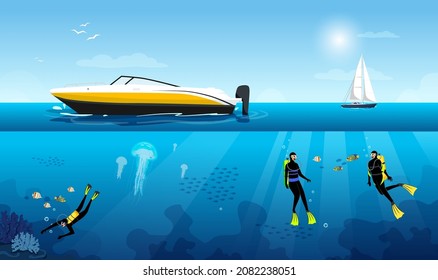 Scuba divers swim under light blue water of sea, ocean exploring bottom of coral reef, jellyfishes, fishes in background. Motorboat on cover of water, sailboat in horizon. Vector illustration