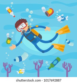 Scuba divers swimming on coral reefs and fish. Vector illustration of pollution at sea