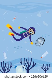 Scuba divers swimming on coral reefs and fish Vector illustration of pollution cleaning trash from ocean