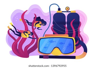 Scuba divers swimming under water and mask with snorkel, tiny people. Diving school, best commercial diving, all levels diver program concept. Bright vibrant violet vector isolated illustration