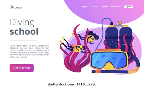 Scuba divers swimming under water and mask with snorkel, tiny people. Diving school, best commercial diving, all levels diver program concept. Website homepage landing web page template.