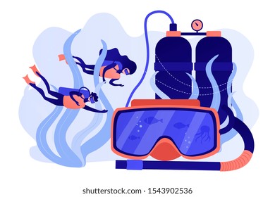 Scuba divers swimming under water and mask with snorkel, tiny people. Diving school, best commercial diving, all levels diver program concept. Pinkish coral bluevector isolated illustration