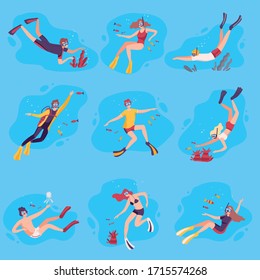 Scuba Divers Swimming under the Water Set, People Exploring Underwater Marine Life, Extreme Hobby Vector Illustration - Shutterstock ID 1715574268