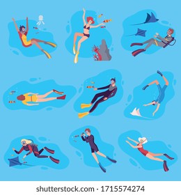 Taucher, die unter dem Wasser schwimmen, mit Meereskreaturen spielen, Menschen, die das Unterwasser-Meeresleben erkunden, Extreme Hobby oder Vektorillustration-Illustration