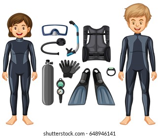 Buceadores de Scuba en traje húmedo e ilustración de equipos diferentes