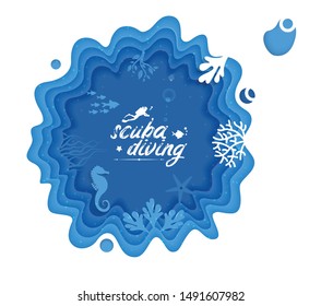 Scuba diving. Abstract background with happy scuba diver on Ocean with Sea creatures. Paper cut. Vector