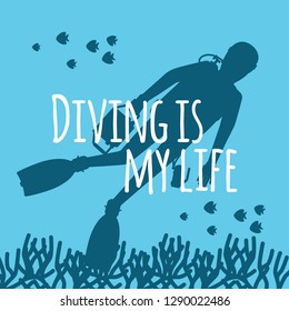 Scuba diving background with diver silhouettes vector illustration. Diver with scuba underwater silhouette