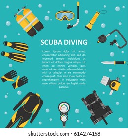 Scuba diving background in a flat style. Poster template diving equipment and accessories. Banner for advertising diving with space for text.