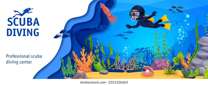 Scuba diving banner. Cartoon young diver and squid on sea underwater paper cut landscape. Vector background with aquanaut explore ocean floor with colorful aquatic plants, playful, fishes and corals