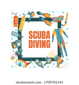 Scuba Diving Banner Template with Diving Professional Equipment, Water Active Sport, Summer Vacation Vector Illustration