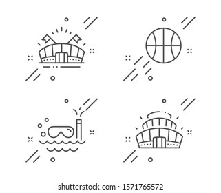 Scuba diving, Basketball and Sports arena line icons set. Arena stadium sign. Trip swimming, Sport ball, Event stadium. Competition building. Sports set. Line scuba diving outline icon. Vector