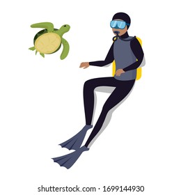 scuba diving, black man with air tank watching a turtle. Isolated vector illustration