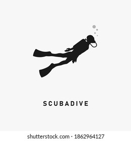 Silueta negra de buceo en Scuba. Símbolo o símbolo del icono del buceador. Logo del buceo submarino. La actividad marítima. Nadando hombre o persona. Nadadora de deportes oceánicos extremos. Traje o equipo del depósito de oxígeno. Ilustración vectorial.