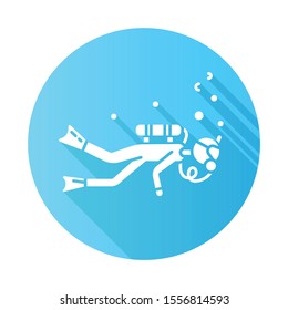 Scuba diving blue flat design long shadow glyph icon. Watersport, extreme underwater kind of sport. Recreational outdoor activity and hobby. Snorkeling. Vector silhouette illustration