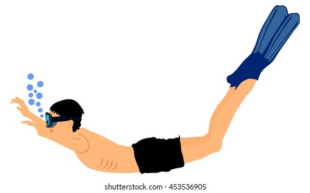 Scuba diving boy vector illustration isolated on white background.. Sport underwater with mask.