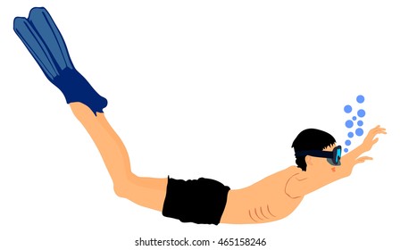 Scuba diving boy vector illustration isolated on white background.. Sport underwater with mask.