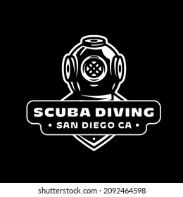 SCUBA DIVING diseño logotipo de negocios Casco acualung Vintage Deporte acuático insignia de esparcimiento Icono de buceo Actividad subacuática emblema Material recreativo retro ilustración Agua divertida