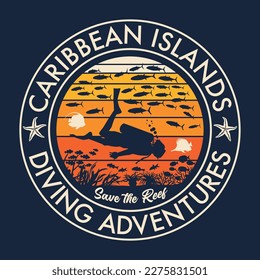 Scuba diving Caribbean coral reef adventure vintage vector print for man boy kid wear t shirt