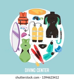 Scuba diving center banner vector illustration. Diver wetsuit, scuba mask, snorkel, fins, oxygen cylinders, lifebuoy, flippers icons. Underwater activity diving equipment and accessories.