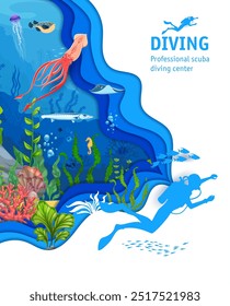 Scuba diving center poster with paper cut underwater landscape and silhouette of diver. Vector promo of professional scuba diving center with colorful coral reef, aquatic plants and sea creatures